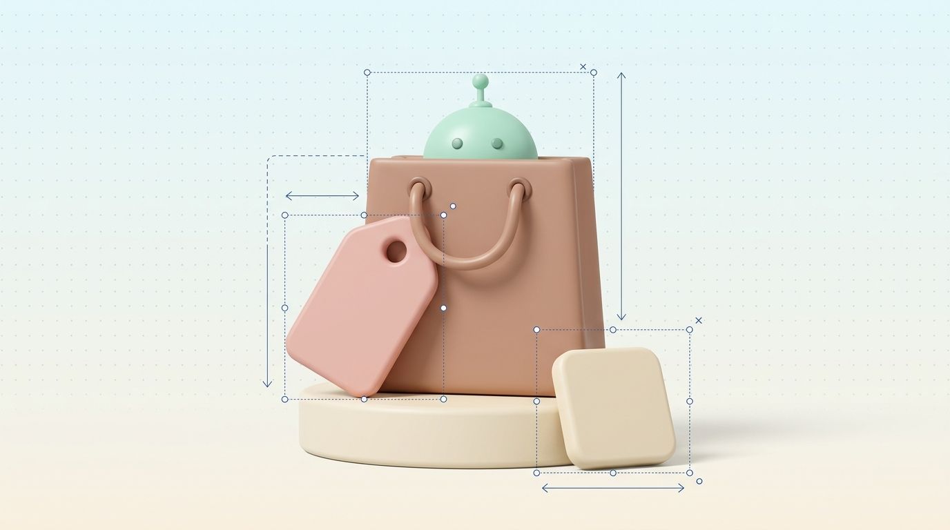 Shopping bag with a discount tag, a calendar page and a robot antenna peeking out