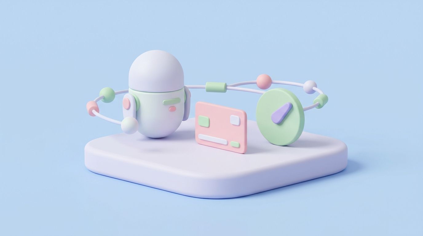 Minimal 3D illustration of a pastel store and friendly AI agent icon, showing AI visibility and agent readiness.