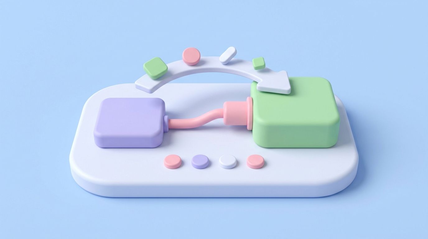 Minimal 3D illustration of a pastel setup wizard and import arrow, depicting installing Seokai's first-run setup.