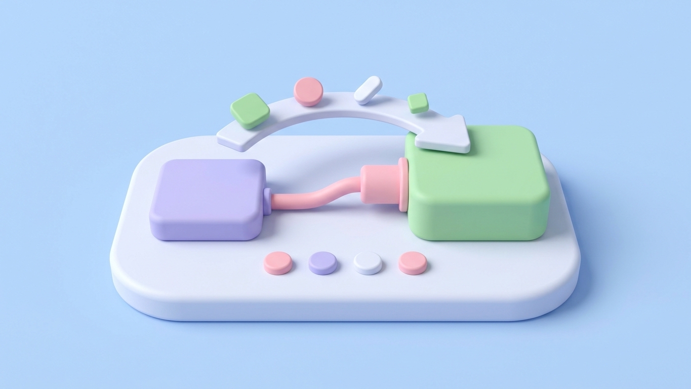 Blurred article main image. Minimal 3D illustration of a pastel setup wizard and import arrow, depicting installing Seokai's first-run setup.