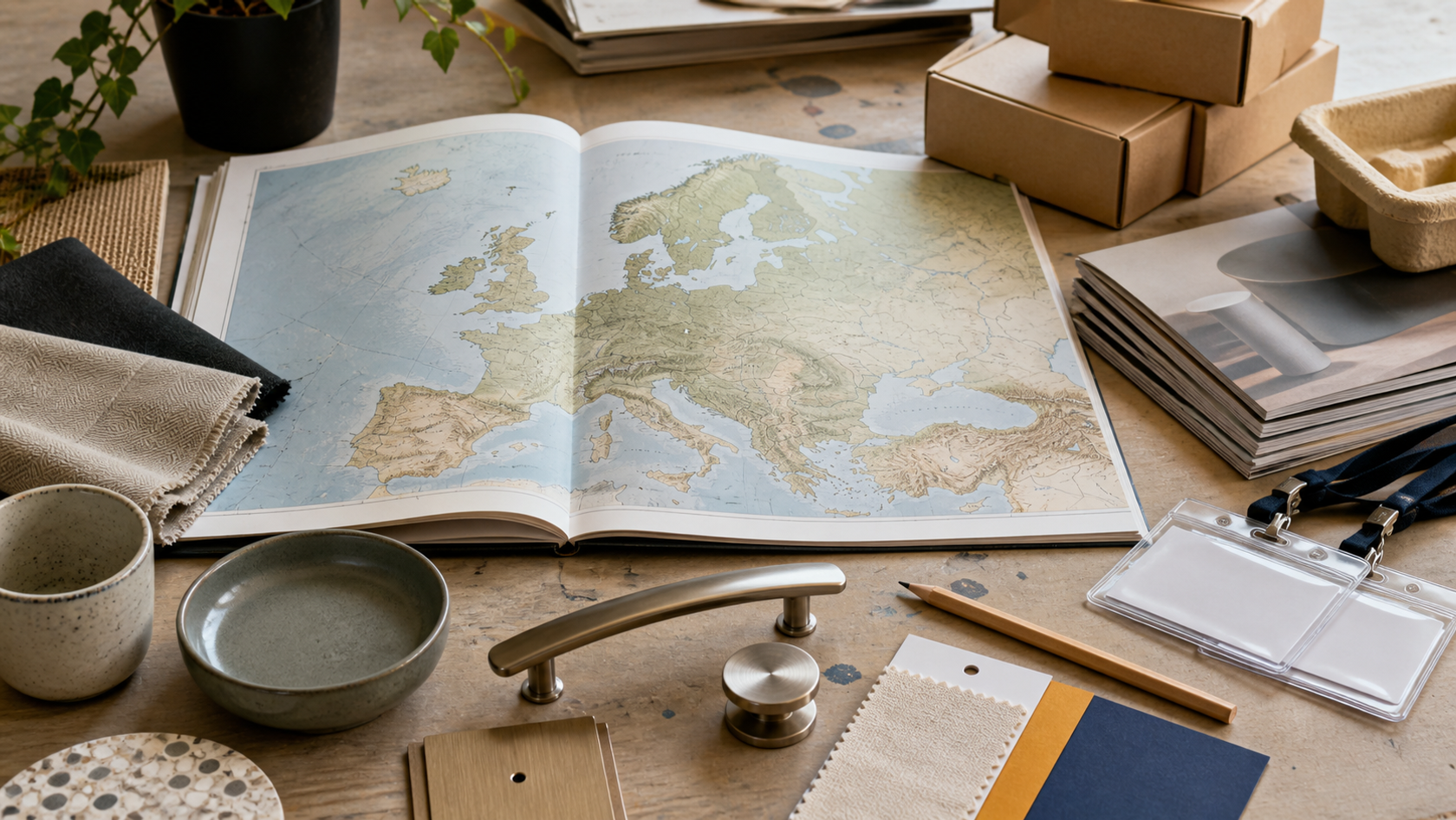 European supplier research notes, product samples and a sourcing notebook
