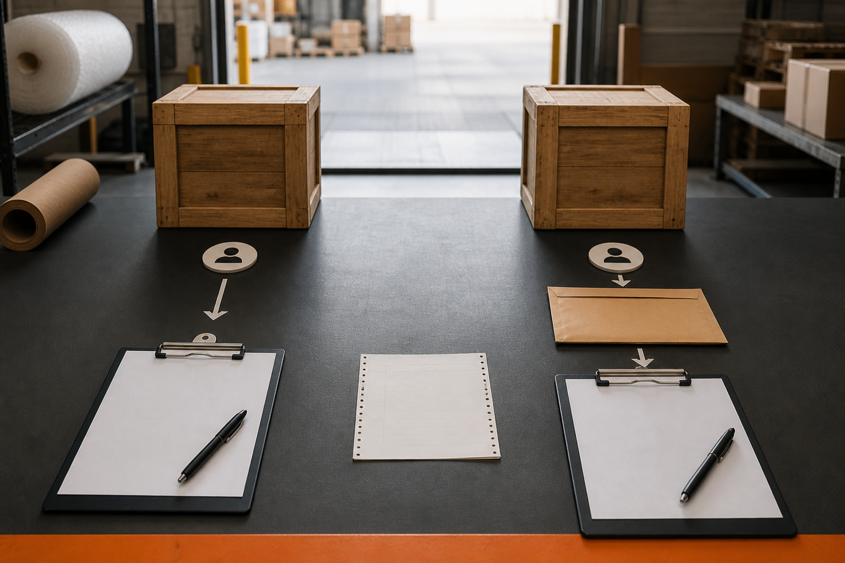 Two delivery responsibility routes represented by crates, documents and blank importer records