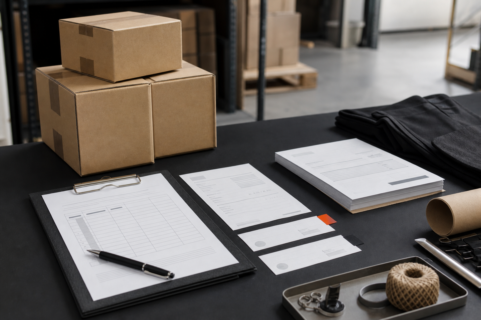 Supplier payment milestones, inspection records and cartons arranged on a worktable