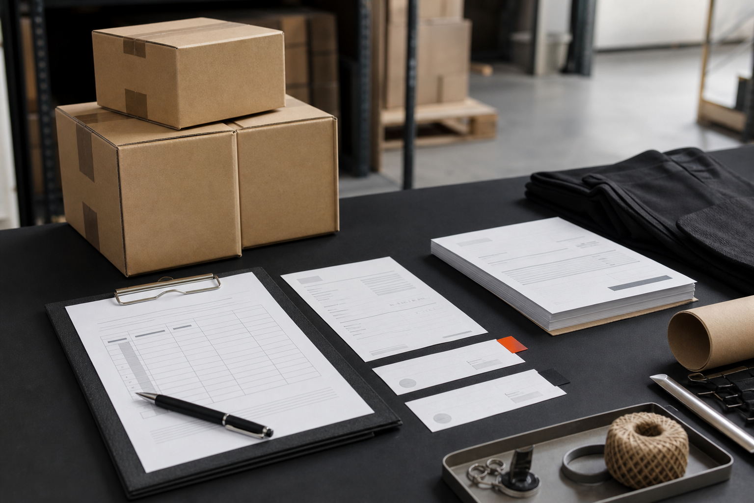Supplier payment milestones, inspection records and cartons arranged on a worktable