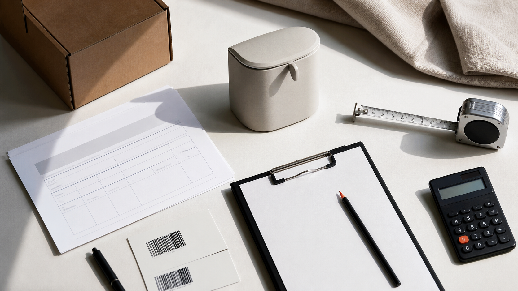 Product research desk with an unbranded product sample, measuring tape, calculator, supplier quotation and blank worksheet.