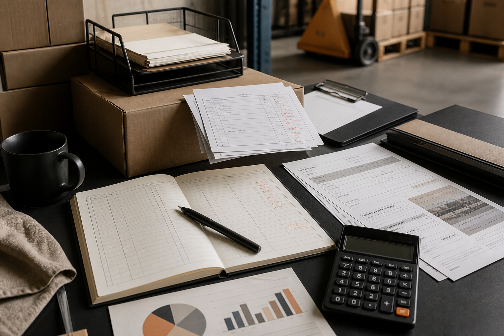 Import cost ledger, freight papers, calculator and margin chart beside cartons