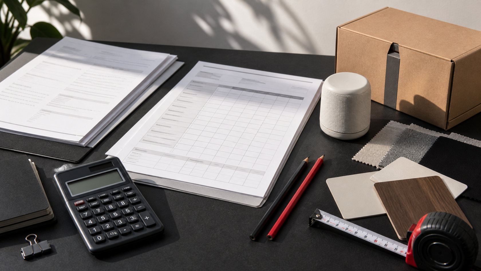 Product opportunity scorecard beside a calculator, product sample, measurement tools and supplier documents.