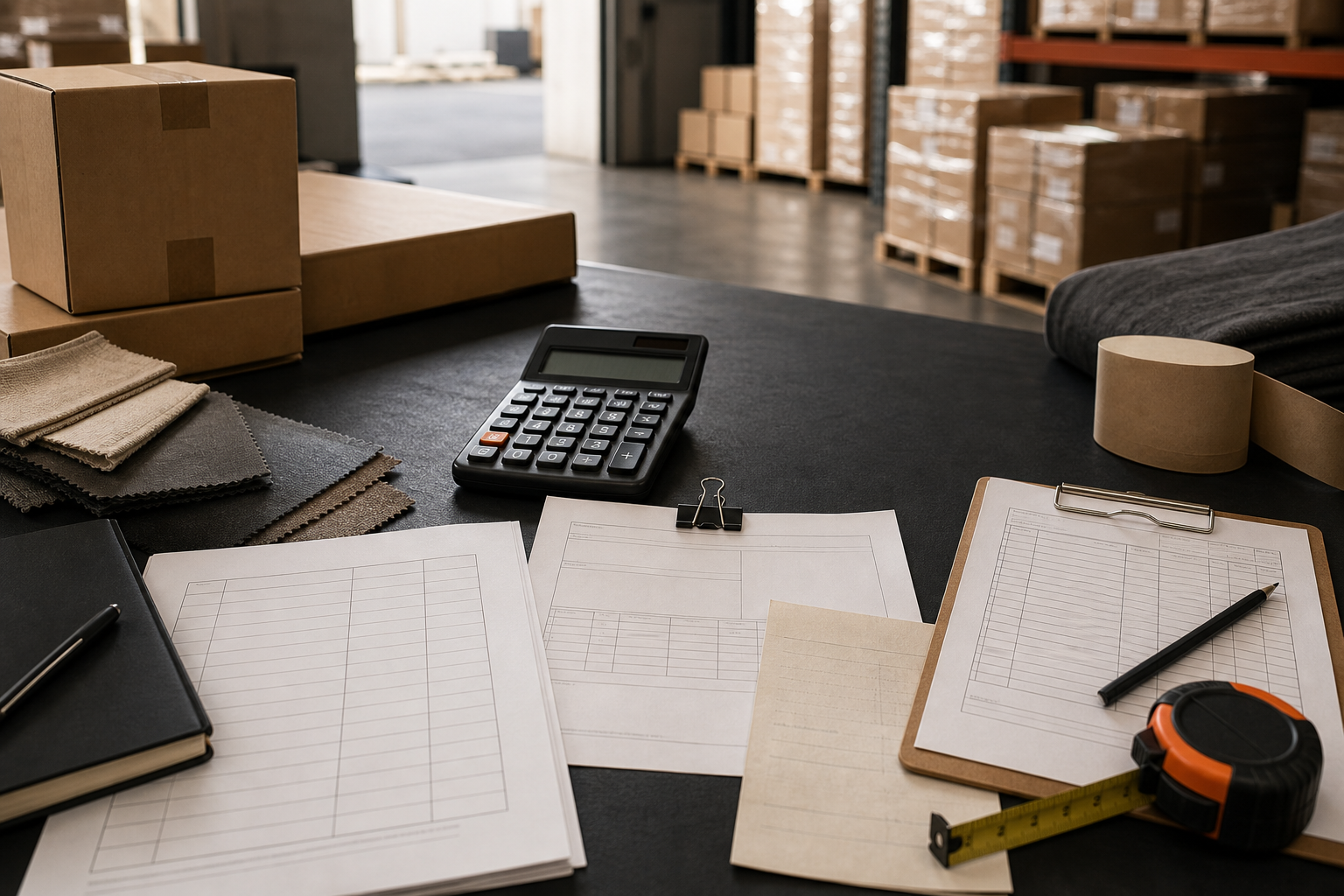 Landed-cost worksheet, calculator, freight papers and cartons at a warehouse desk