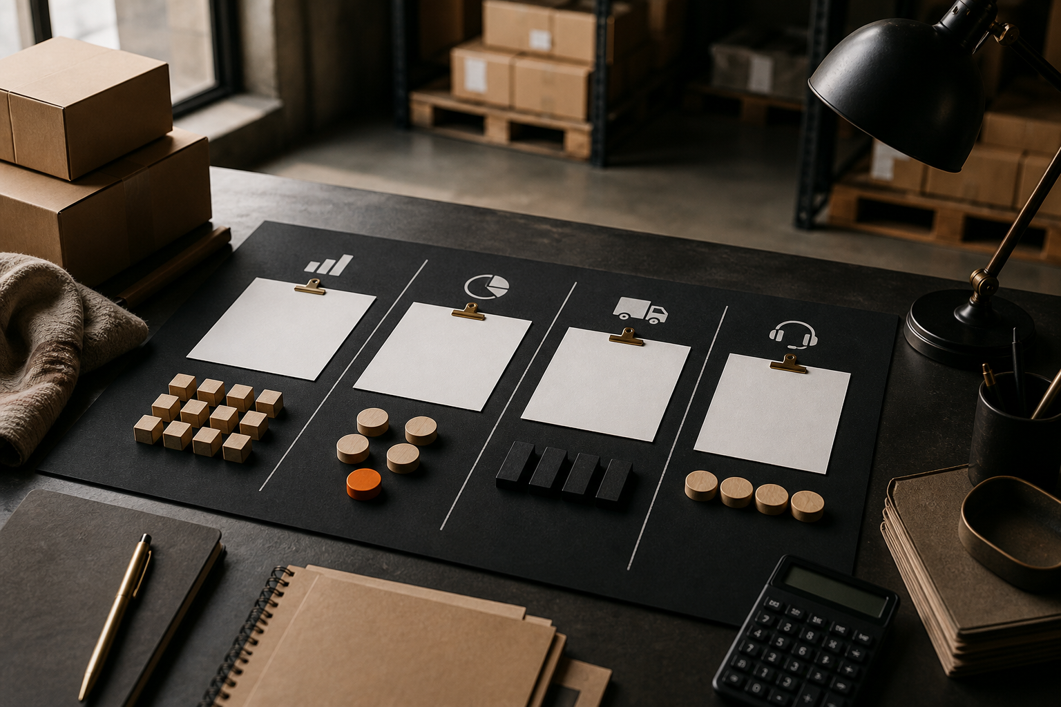 Marketplace expansion decision board with stock, margin, capacity and returns tokens