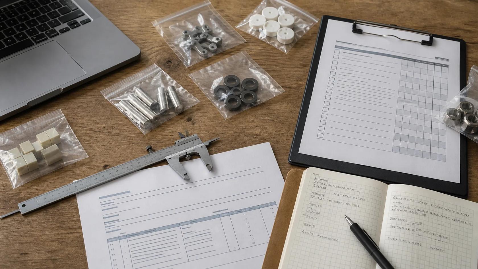 Supplier due diligence paperwork, product samples and measuring tools on a desk