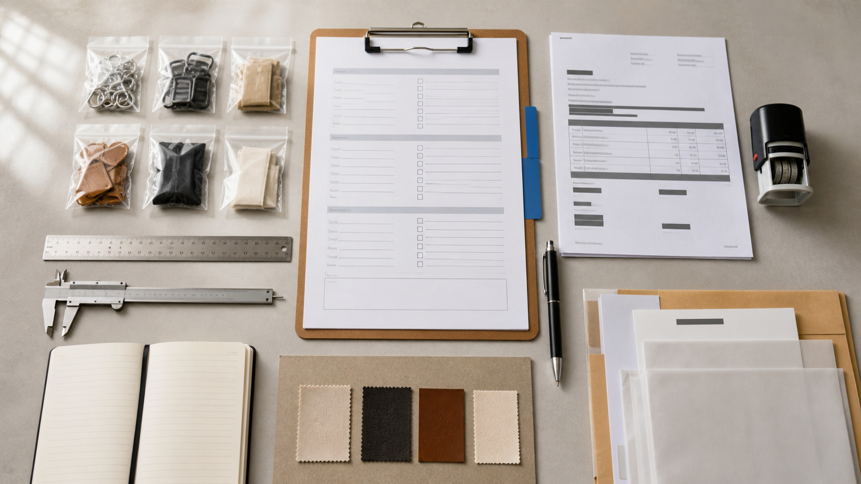 Wholesale supplier verification checklist beside product samples and a calculator
