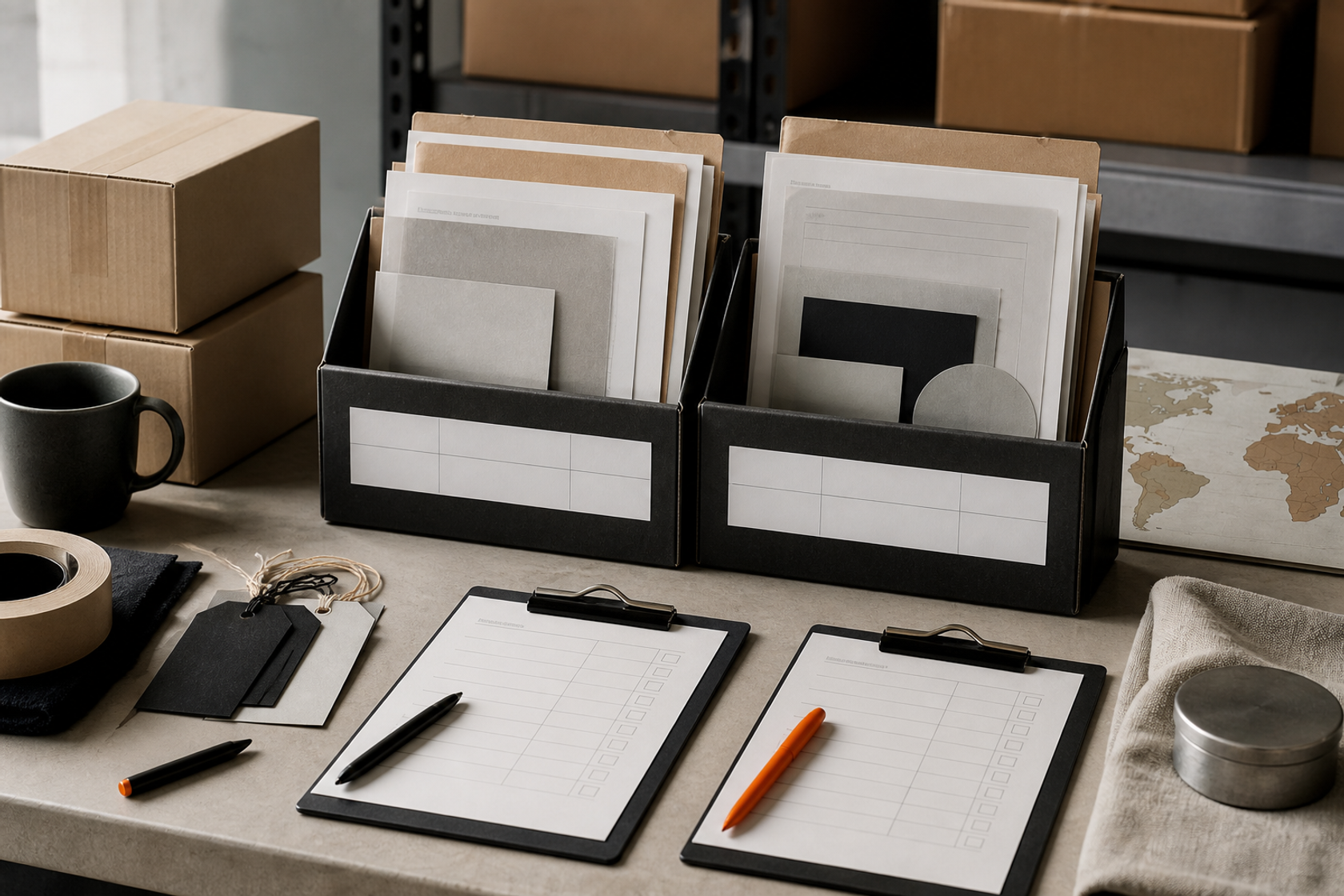Two connected product compliance files with packaging, labels and blank checklists
