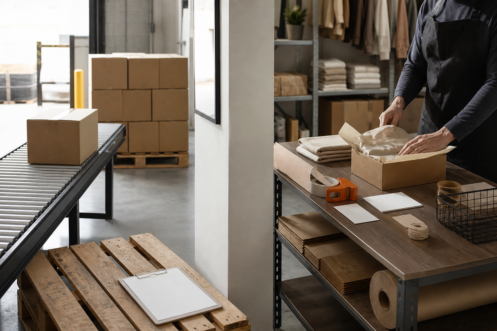 Warehouse conveyor and operator packing bench showing two fulfilment routes