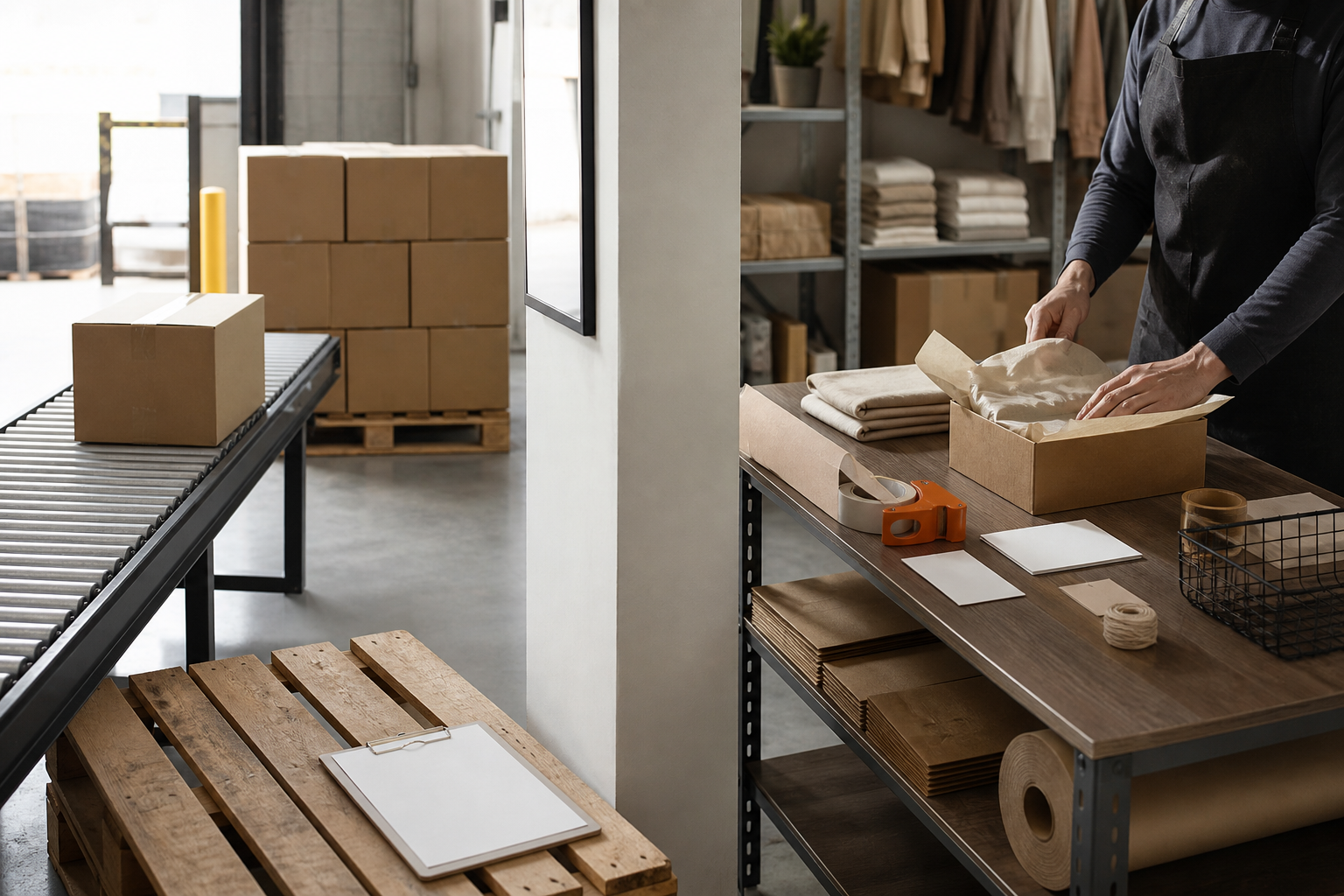 Warehouse conveyor and operator packing bench showing two fulfilment routes