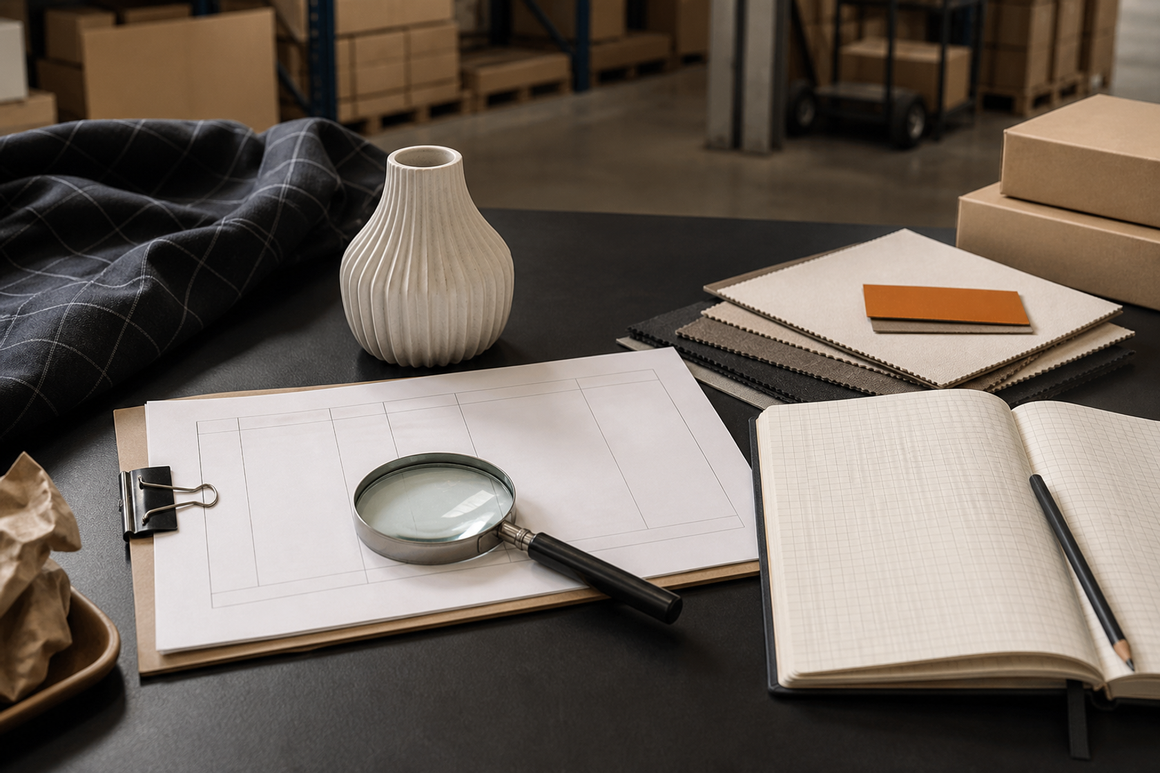 Product sample, classification worksheet, magnifying glass and tariff research notebook