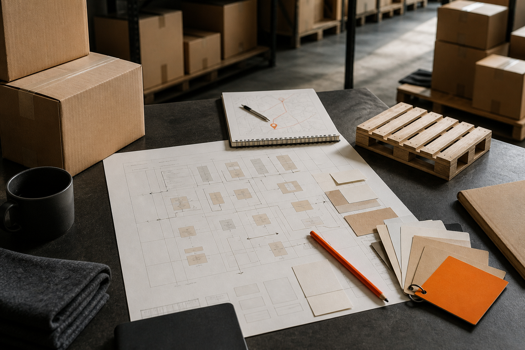 Fulfilment planning desk with warehouse cartons, pallet and delivery route notes