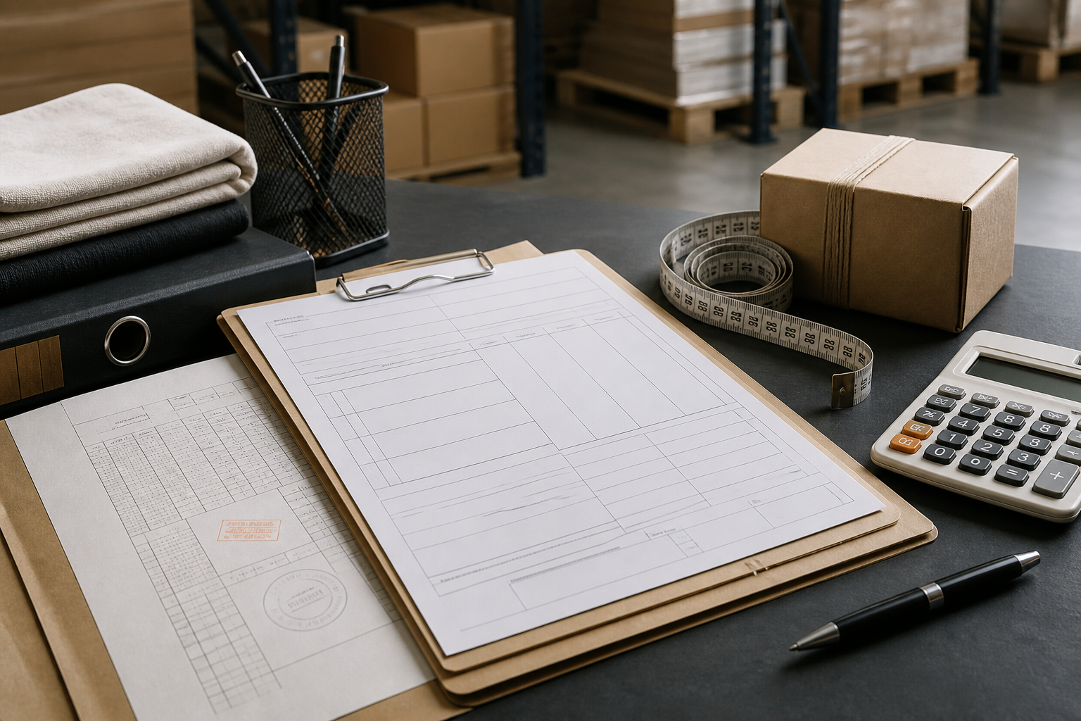 Customs valuation papers, a parcel, measuring tape and calculator on a desk