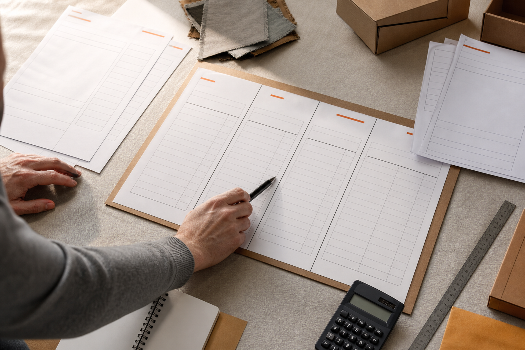 Wholesale quotation sheets, product swatches and a calculator arranged for comparison