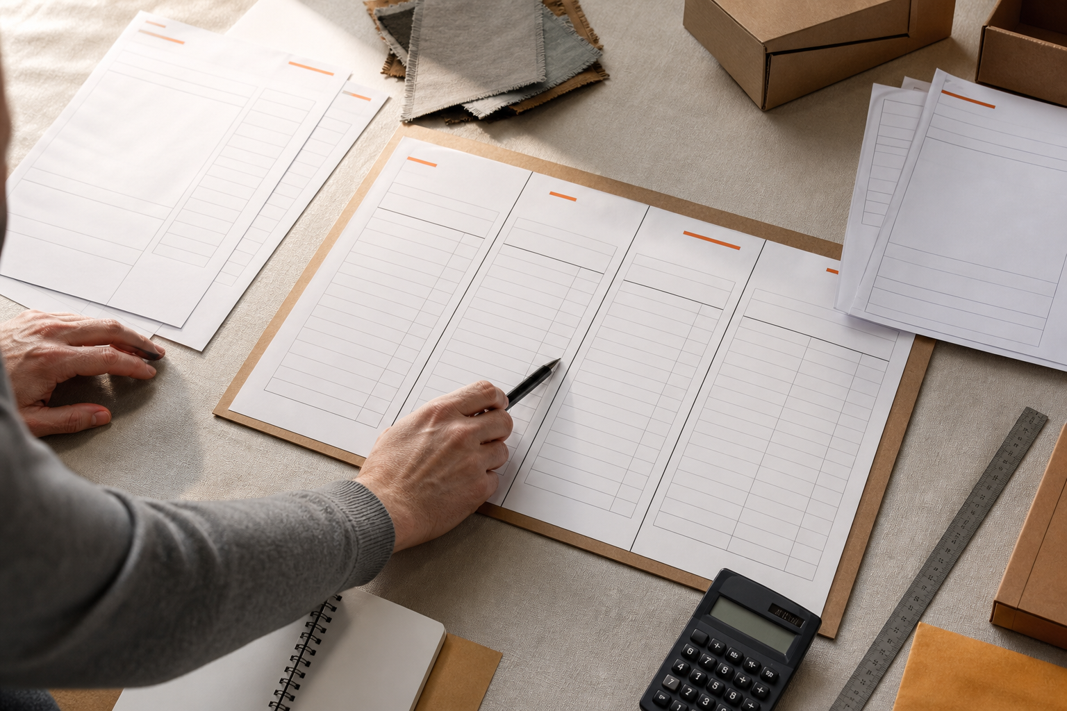 Wholesale quotation sheets, product swatches and a calculator arranged for comparison