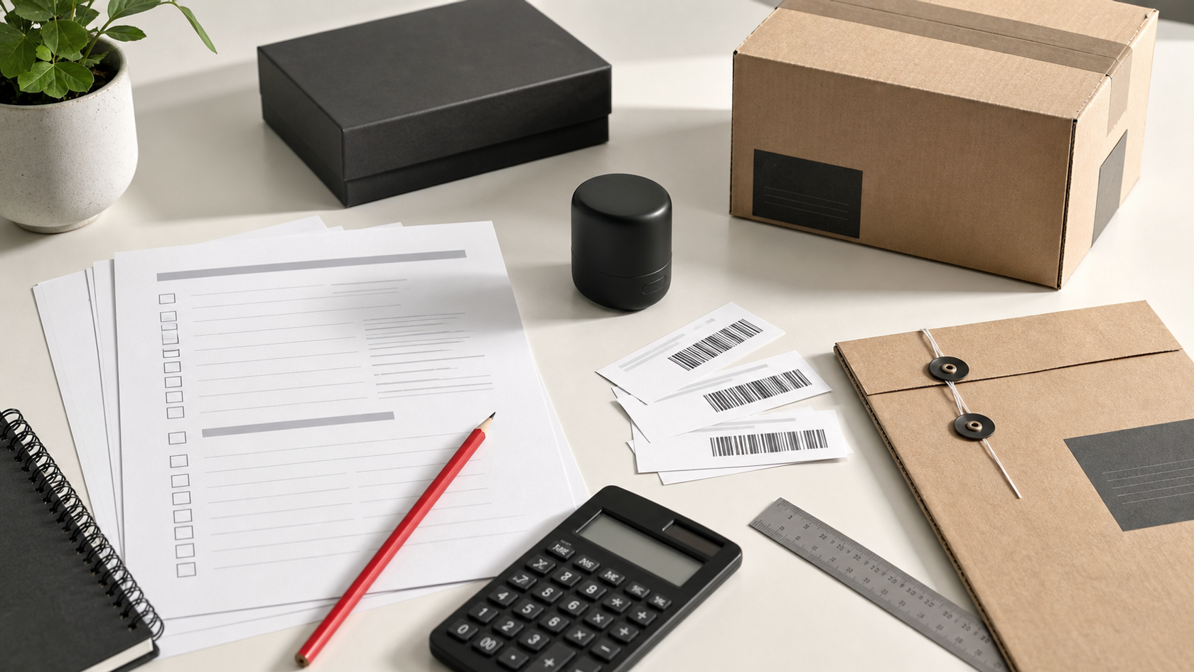 Product research checklist beside a red pencil, barcode labels, product sample and supplier documents.