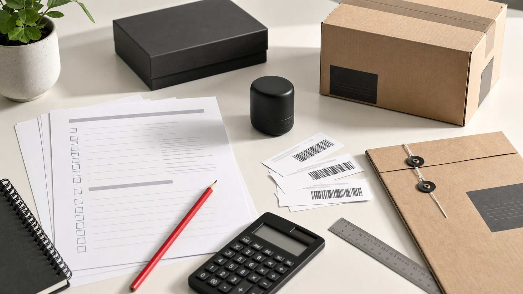 Product research checklist beside a red pencil, barcode labels, product sample and supplier documents.
