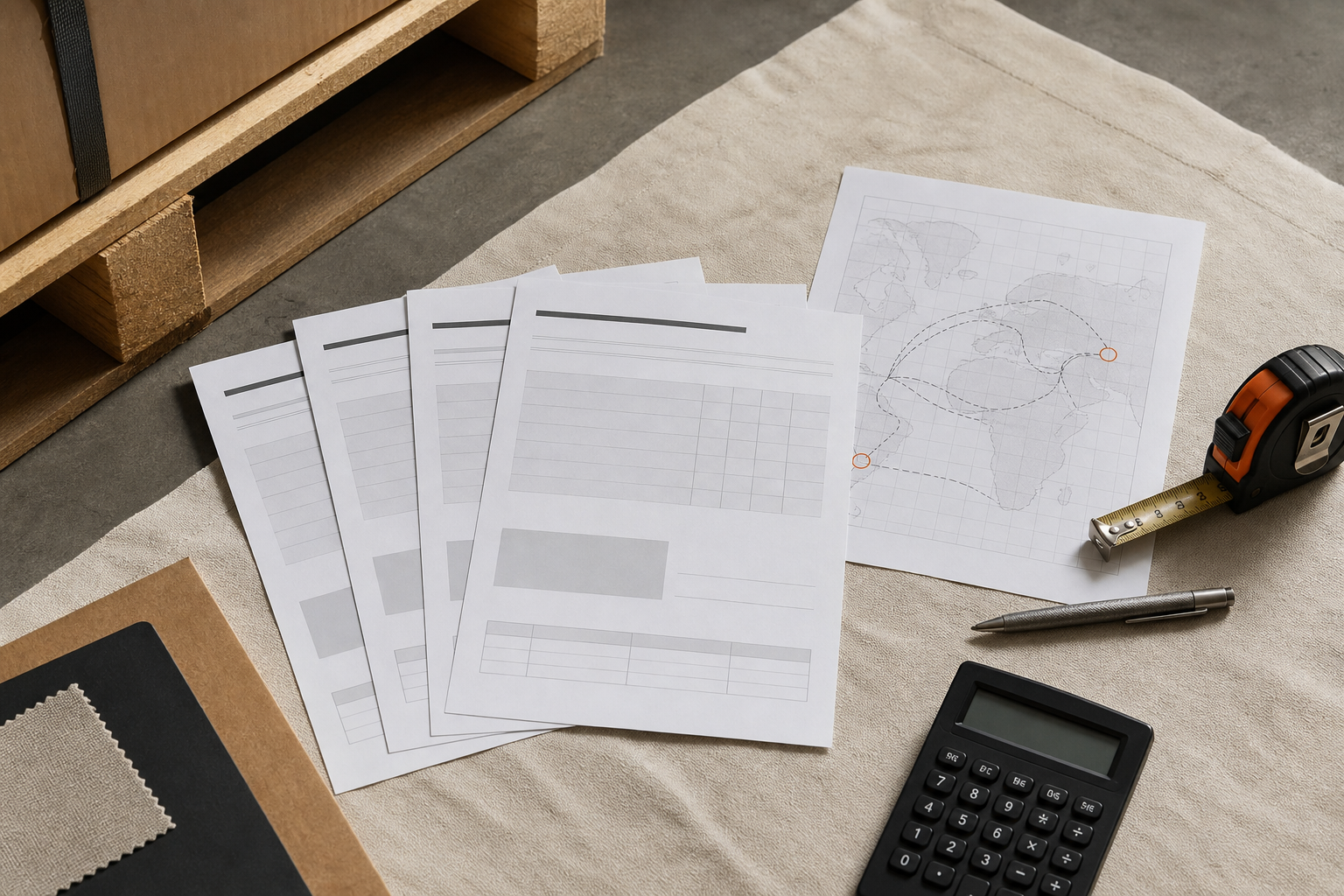 Freight quotation sheets, route sketch, pallet corner and measuring tape