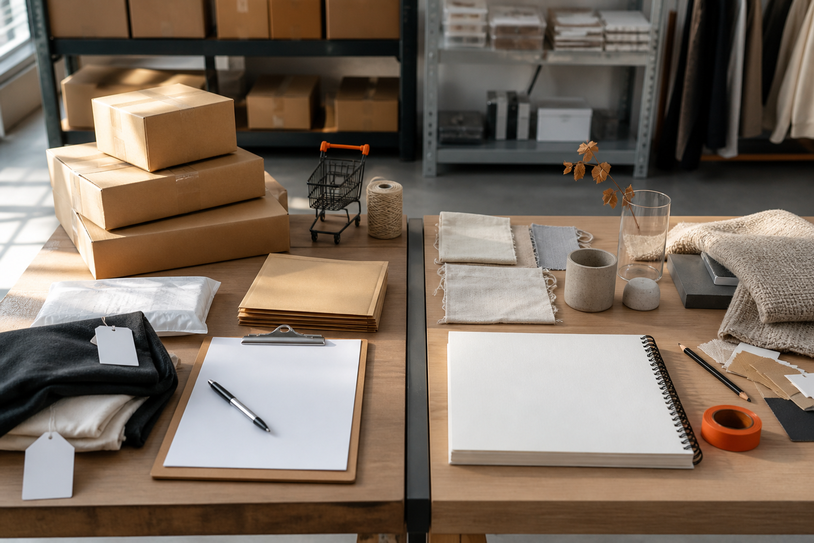 Wholesale stock and private-label planning materials separated on one worktable