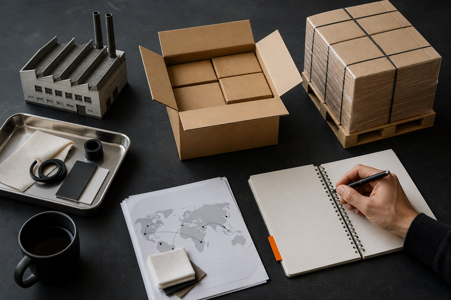 Factory cartons, distribution paperwork and a sourcing notebook on a worktable