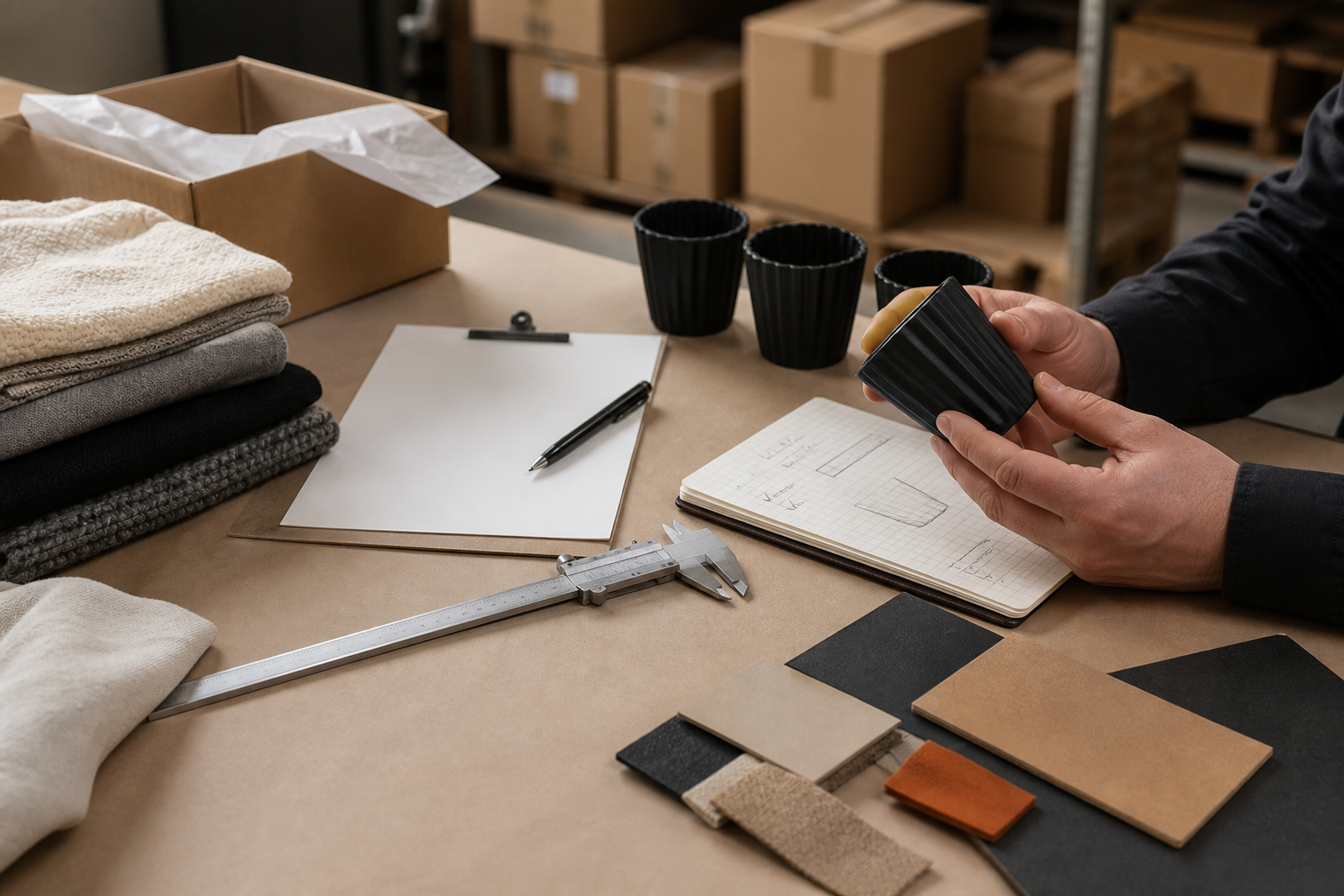 Hands inspecting a supplier product sample with calipers, swatches and a specification sheet