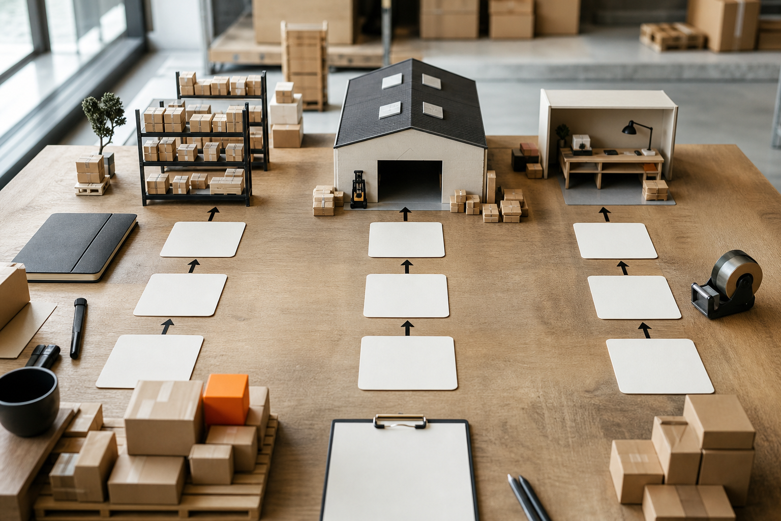 Three fulfilment stock flows mapped with cartons, warehouse shelves and route cards