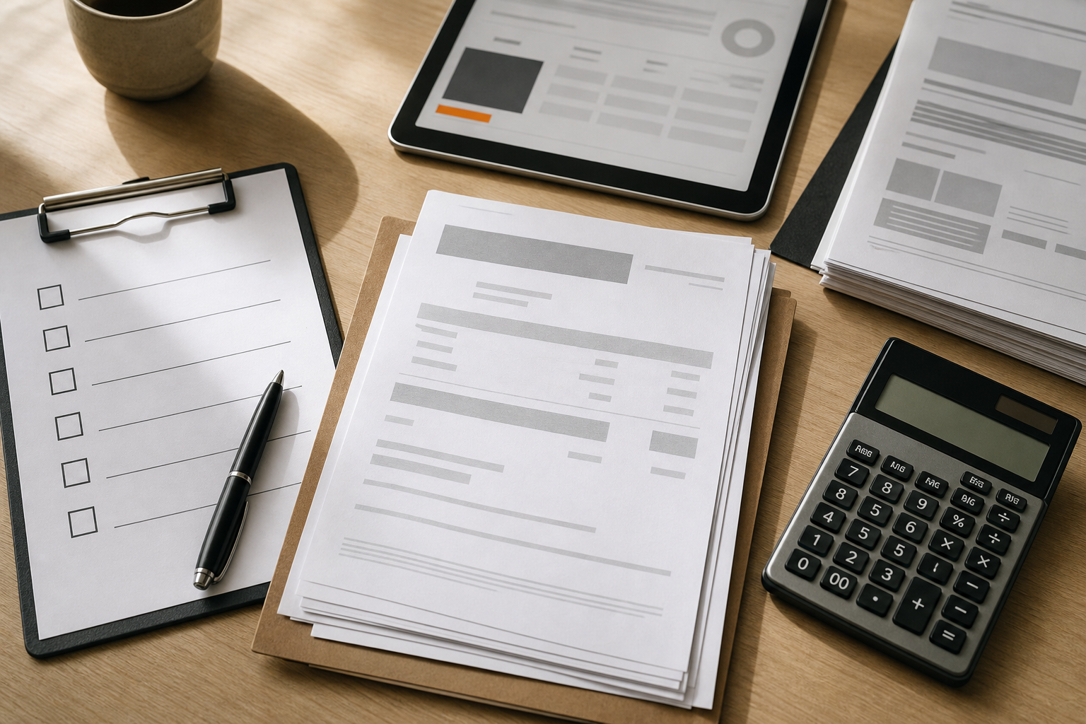 Blank company verification papers, a tablet and calculator beside supplier records