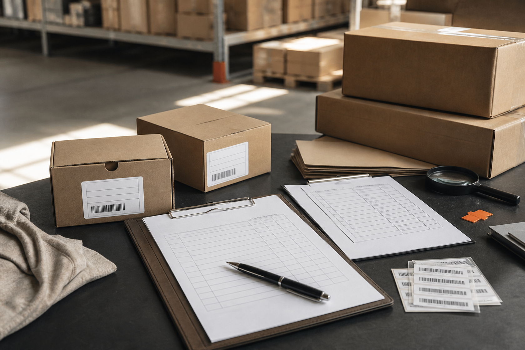 First production order papers, carton samples and inspection records in a warehouse