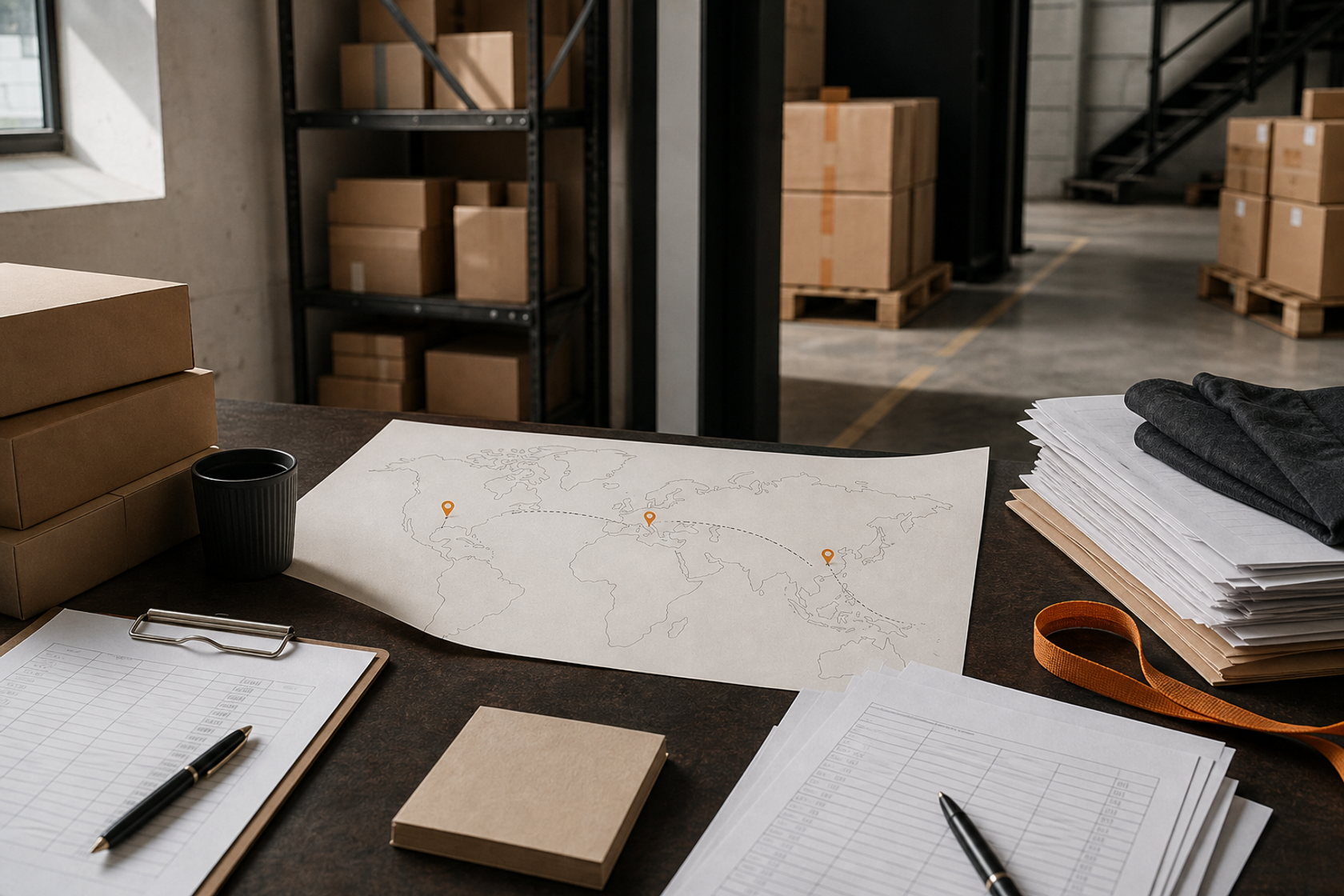 Inventory map, warehouse cartons and VAT record sheets arranged on a planning desk