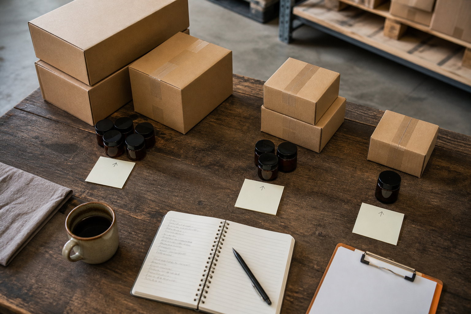 Wholesale cartons, sample units and negotiation notes arranged on a dark worktable