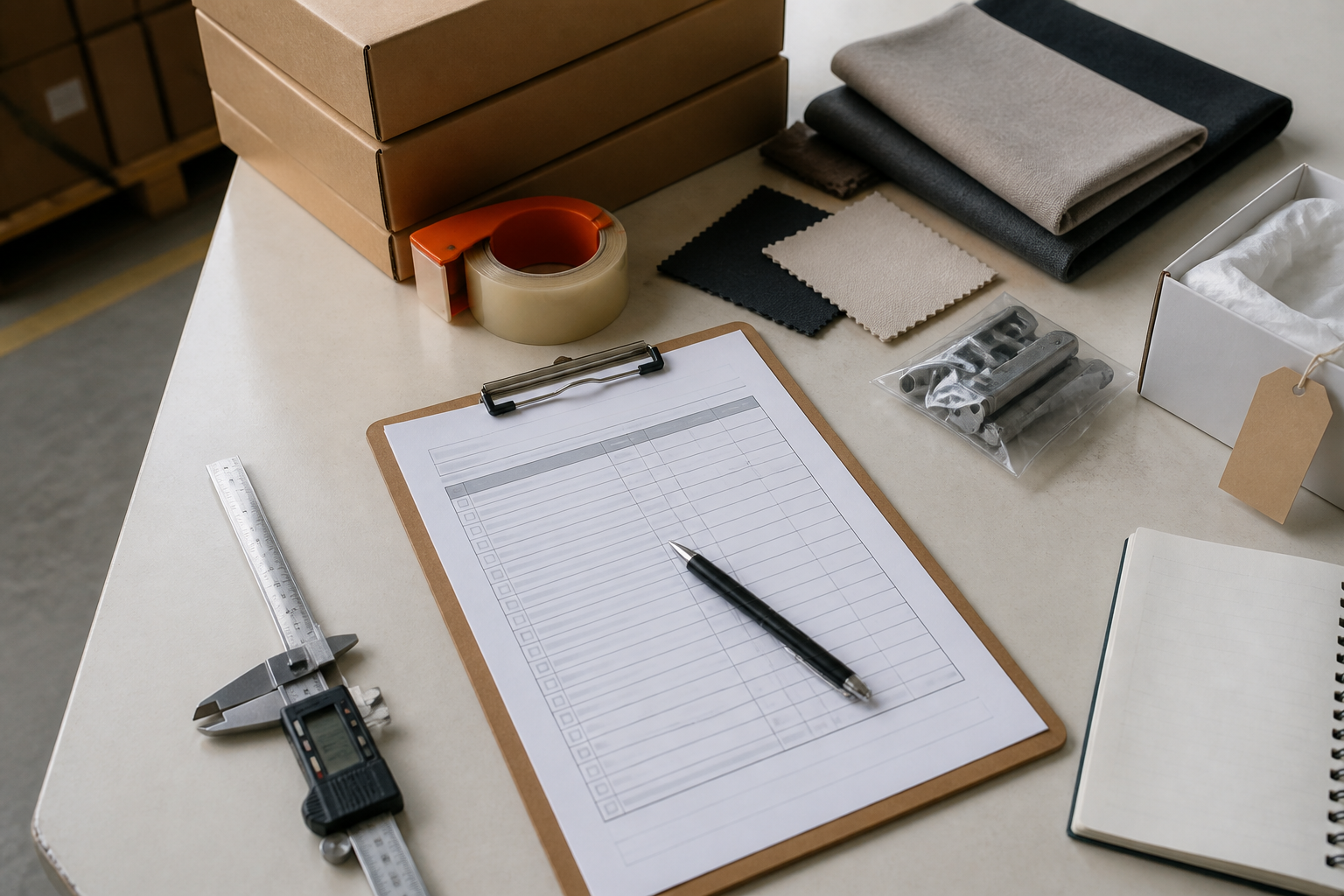 Factory audit checklist beside cartons, product swatches and a measuring tool