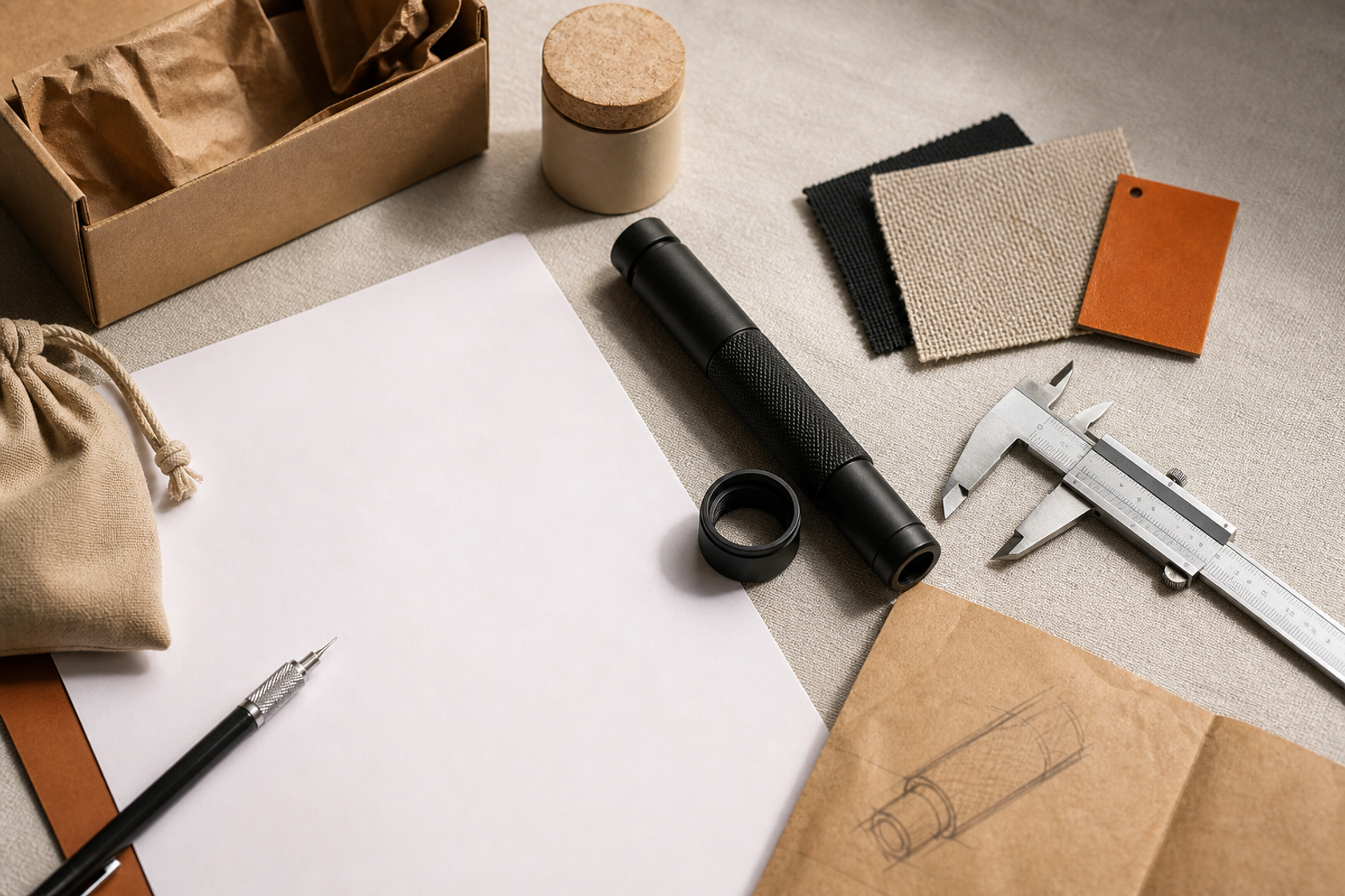 Product specification sheets, calipers and sample materials prepared for a supplier quote