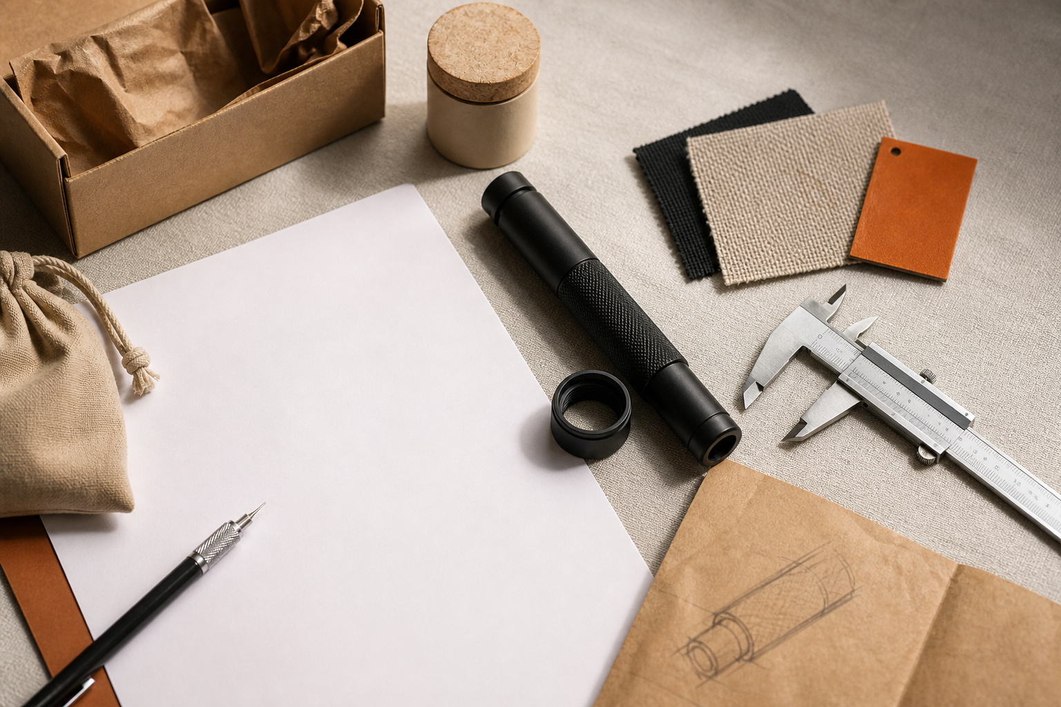 Product specification sheets, calipers and sample materials prepared for a supplier quote