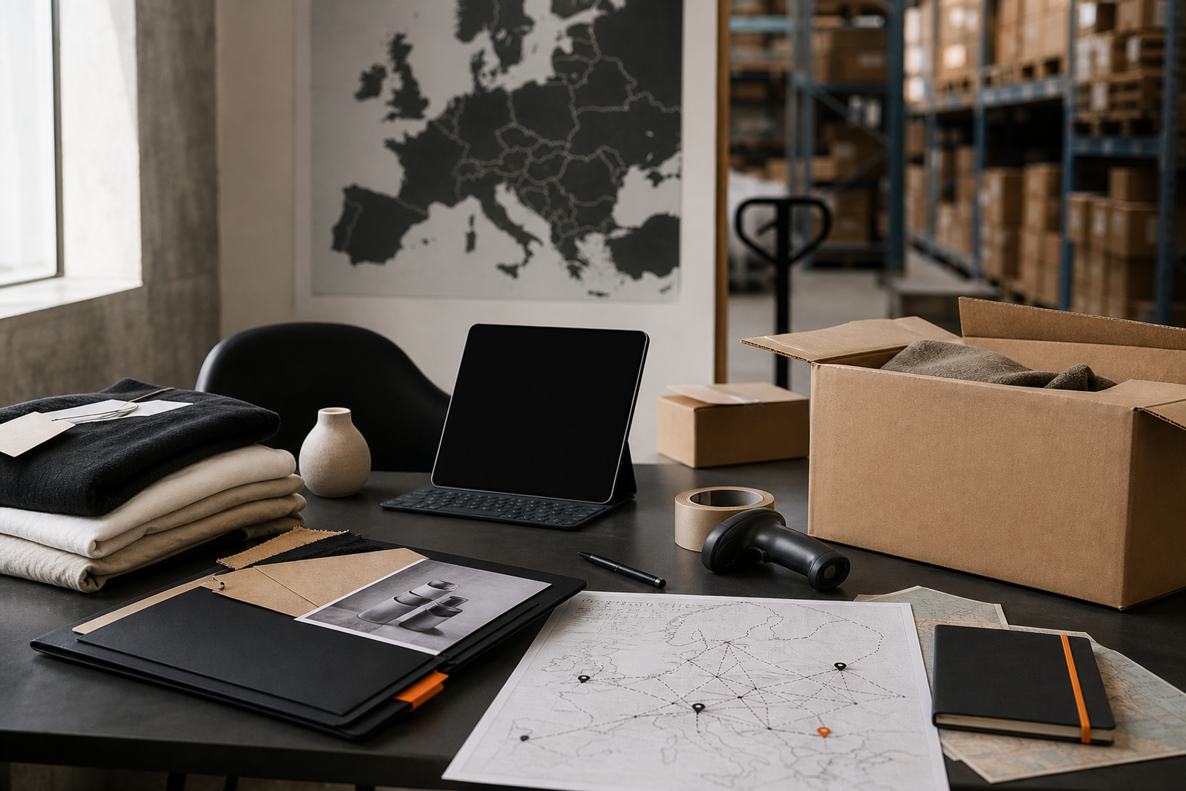 European marketplace planning desk with product samples, fulfilment cartons and route notes