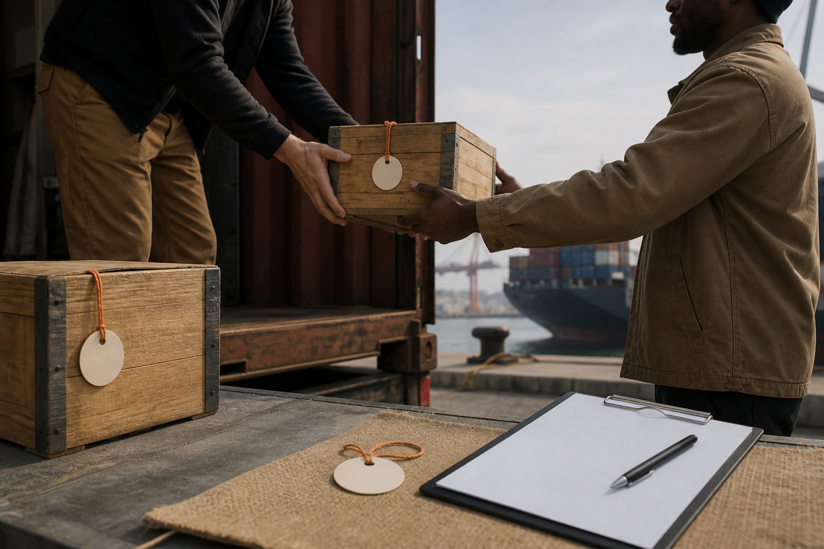 Crate handoff at a port with a blank delivery record and shipment notes