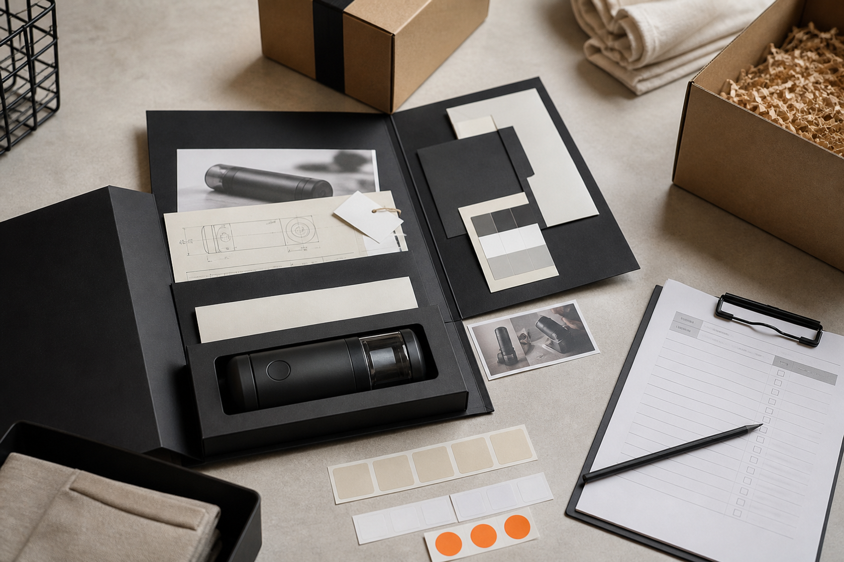 Product compliance evidence folder with an unbranded product, labels and instruction sheets
