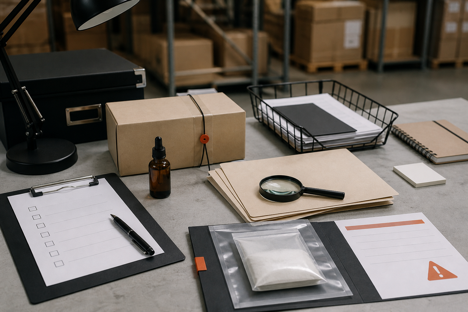 Restricted-product evidence folder, blank approval checklist and product sample
