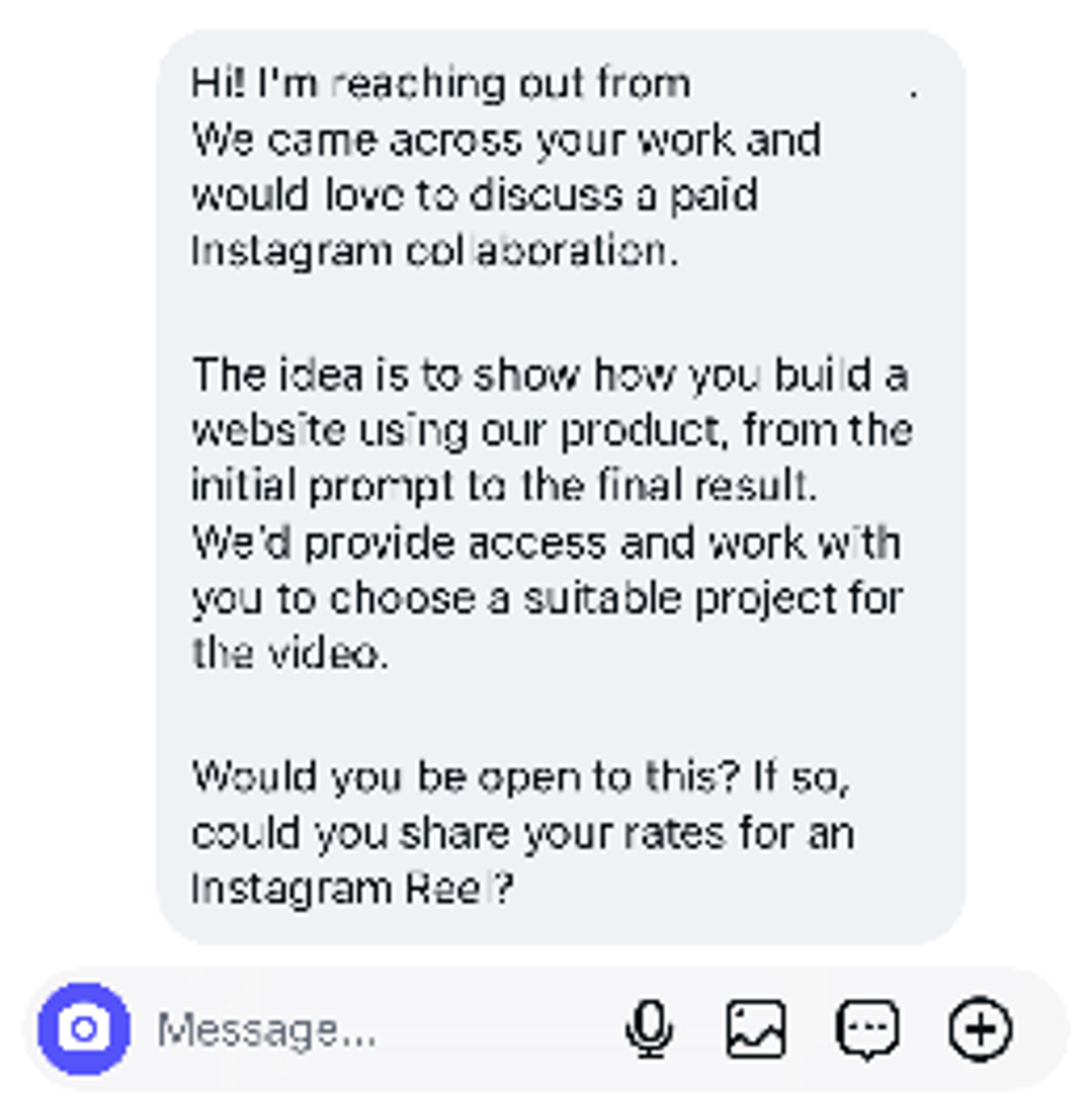 DM asking for a paid Instagram collaboration showing a product's one-prompt result