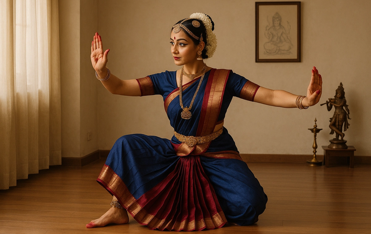 Bharatanatyam dancer in traditional attire demonstrating Margam sequence in a dance studio.