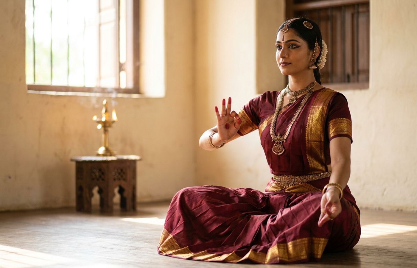 Bharatanatyam dancer in maroon and gold costume holding Anjali mudra, the double hand salutation gesture, in a warm studio setting