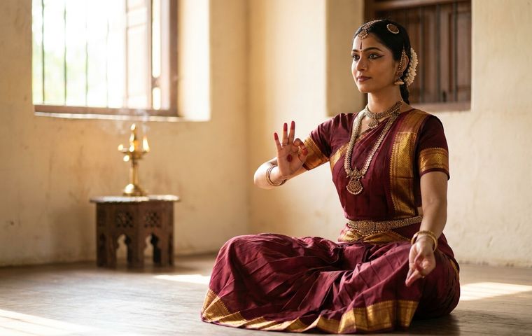 Bharatanatyam dancer in maroon and gold costume holding Anjali mudra, the double hand salutation gesture, in a warm studio setting