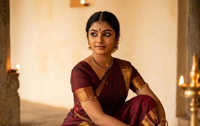 A Bharatanatyam dancer in maroon and gold costume using an expressive eye movement of drishti bheda during abhinaya.