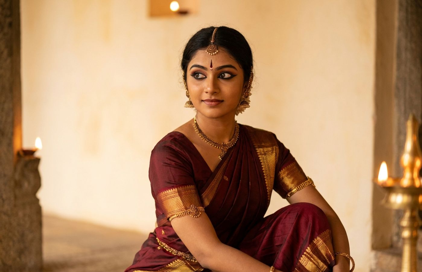 A Bharatanatyam dancer in maroon and gold costume using an expressive eye movement of drishti bheda during abhinaya.