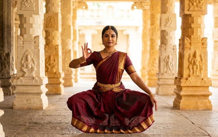 A Bharatanatyam dancer in maroon and gold temple costume holding a classical aramandi pose, representing India's traditional dance.