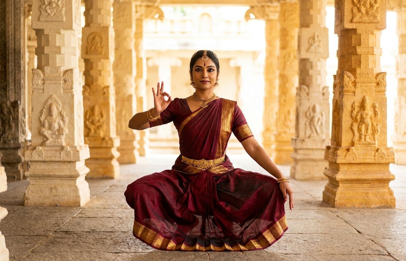 A Bharatanatyam dancer in maroon and gold temple costume holding a classical aramandi pose, representing India's traditional dance.