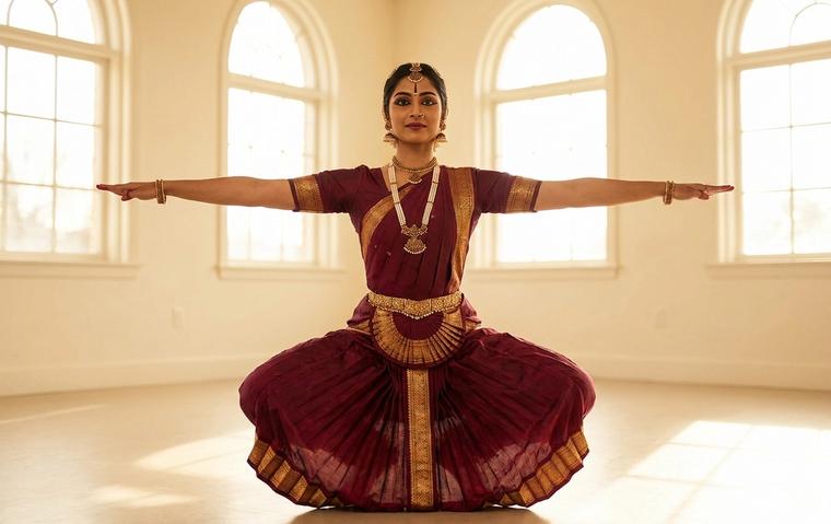 Bharatanatyam dancer in a maroon and gold costume holding the aramandi stance with arms extended in natyarambham.